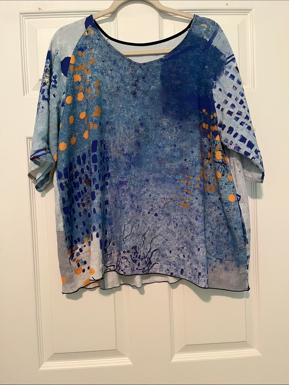 Abstract Blue Scoop Neck Tunic with Orange Dot Accents